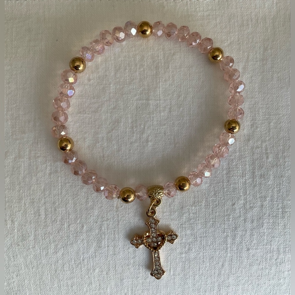Pink Beaded Bracelet with Cross Accent